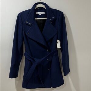 NWT Women’s Wool Coat Blue 6 Military Style Pea Coat Snap Buttons Jacket Lux